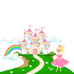 Obraz na płótnie Canvas The magical castle of a beautiful princess in the clouds. Beautiful fairytale castle illustration. Vector illustration.