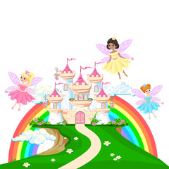 The magical castle of a beautiful princess in the clouds. Beautiful fairytale castle illustration. Vector illustration.