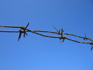 Barbed wire against a blue sky.