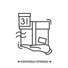 Timely delivery icon.Box on palm, shipping on time concept pictogram. line illustration of safe goods logistic and post order collection. Editable stroke vector for retail, web and expedition service 