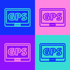 Pop art line Gps device with map icon isolated on color background. Vector Illustration.