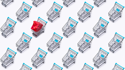 The shopping cart (toy) is cloned. Gift, in red packaging, in one cart. Discounts, sale.