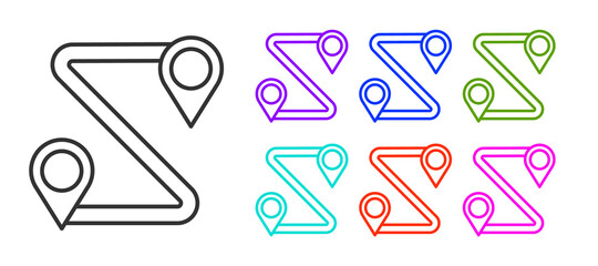 Black line Route location icon isolated on white background. Map pointer sign. Concept of path or road. GPS navigator. Set icons colorful. Vector Illustration.