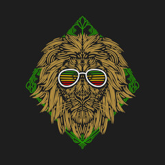 vector illustration the lion's head wears glasses against a background of green rectangular ornaments vintage engraving