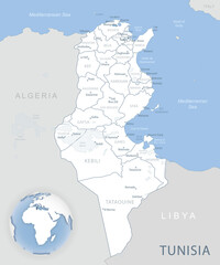 Blue-gray detailed map of Tunisia administrative divisions and location on the globe. Vector illustration