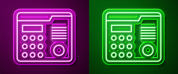 Glowing neon line House intercom system icon isolated on purple and green background. Vector Illustration.