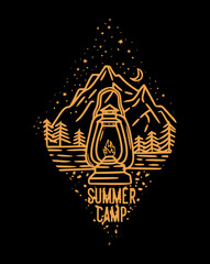 summer camp at night in the mountains with classic lit lanterns vintage illustration
