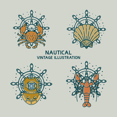 crabs, shellfish, shrimp and diver helmets nautical vintage illustration