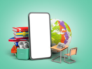 self learning concept Presentation of the application for learning foreign languages smartphone with blank screen headphones and books 3d render on a green gradient