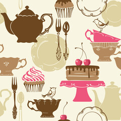 Sweets and tea. Seamless vector background.