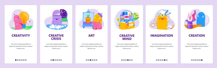 Fototapeta na wymiar Creativity, imagination, artwork creation. Mobile app onboarding screens, vector website banner template