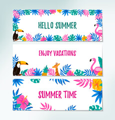 Set of horizontal summer designs with hand drawn elements for banners, letters, invitation, messages, social media, cards. Vector illustration. Space for text. Hello Summer lettering