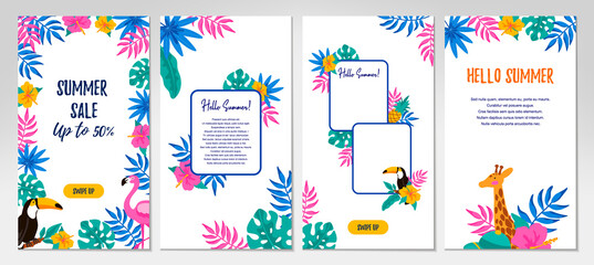Set of social media stories templates with hand drawn elements. Vertical summer design for letters, invitation, messages, social media, cards. Vector illustration. Space for text - obrazy, fototapety, plakaty