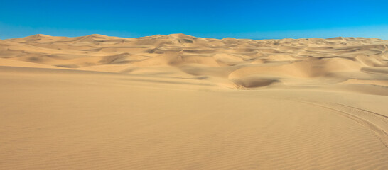 Fototapeta na wymiar Big sand dunes panorama. Desert and coastal beach sand landscape scenery. Abstract background.