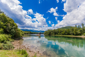 Tourist attraction , romantic ,wooden cabin-like house ,on the rock at Drina river, Serbia