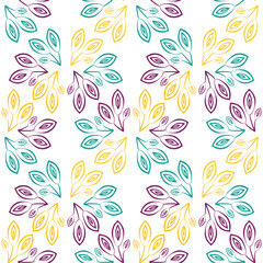 Fototapeta na wymiar Vector gold, blue, purple outline leaves seamless pattern background. Clusters of line art foliage on fresh white backdrop. Modern hand drawn botanical all over print for wellness, health packaging