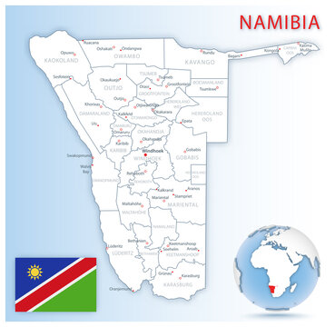 Detailed Namibia administrative map with country flag and location on a blue globe. Vector illustration