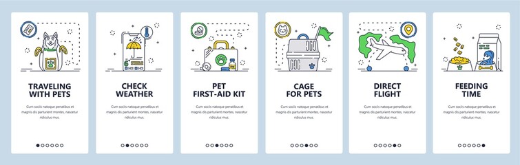 Pet travel tips. Mobile app onboarding screens, vector website banner template
