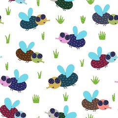 Cute fly seamless pattern. Nature background with funny insect