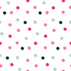 Tiny polka dot seamless pattern with navy, fuchsia and pink spots on a white background for baby girl and kids textile, pajama or bedding  fabric.