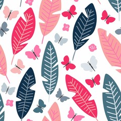Summer butterfly seamless pattern with colorful tropical leaves and hearts. Cute insects with pink and blue wings girly repeat design. Nature inspired background with isolated vector objects to print 
