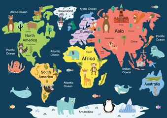 Map of the world with cute animals. Colorful cartoon map © juliyas