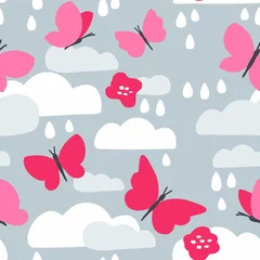 Fotobehang April showers seamless pattern with butterfly, cloud and raindrop vector isolated objects. Insect clipart, rainy weather background to print on a raincoat or umbrella fabric.  © Letters Patterns etc