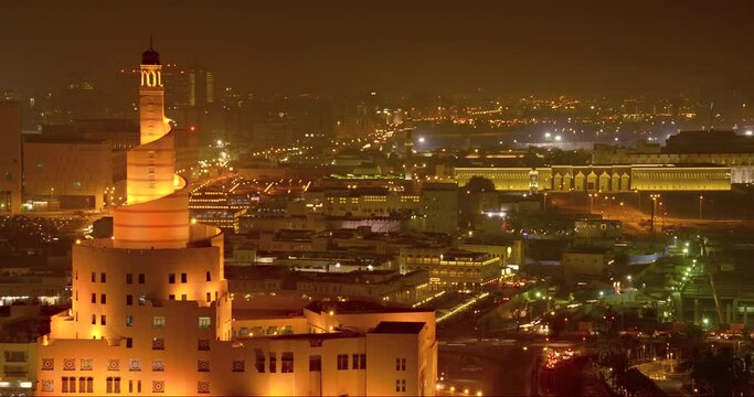 Time-lapse of Al Fanar Mosque light up in a hazy and hot Ramadan night.