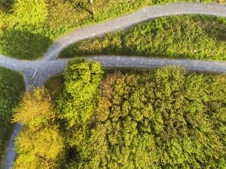 Aerial top down view on a footpath junction in a park. Green meadow. Abstract shapes.