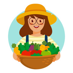 Cartoon of Happy Girl Holding Basket Full of Vegetables - Vector Isolated Illustration