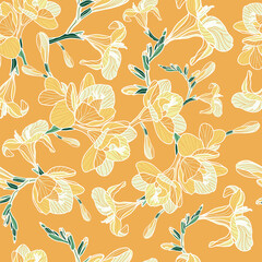 Freesia seamless vector pattern in shades of yellow, green and orange on the monochromatic orange background. Great for home textiles, fashion fabric and wallpaper.