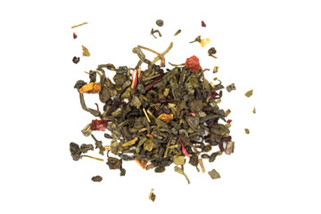  Leaves of Chinese Dry Tea Top Grade with Goji Berries and Powdered Acai on White Background
