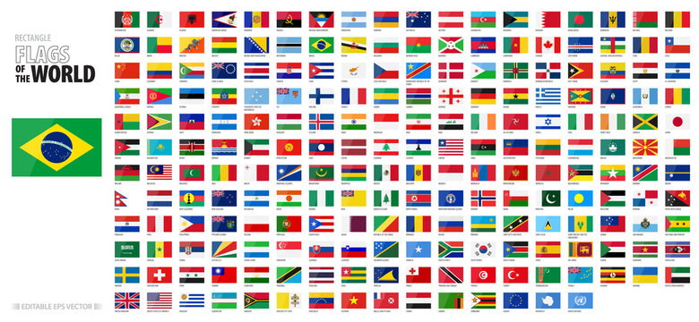 Rectangle Flags of the World. Flags with shadow and reflection.