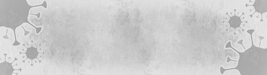 Fototapeta na wymiar CORONAVIRUS - Gray grey cartoon virus isolated on gray grey white abstract bright rustic texture background banner, top view with space for text