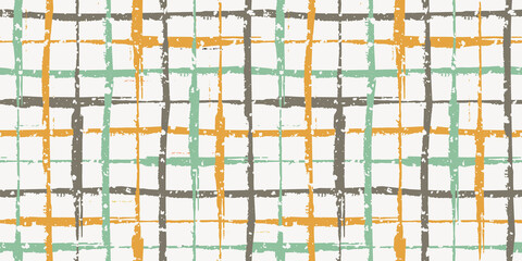 Fototapeta premium Retro color grunge line vector seamless grid border with flecked snowflake texture. Hand drawn brush stroke style linear plaid banner. Abstract irregular geometric mesh design with weave effect