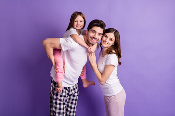 Portrait of three person cheerful cheery adorable playful full family dad carrying offspring...