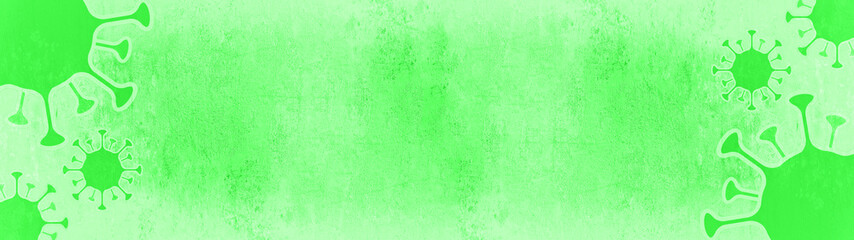 CORONAVIRUS - Green cartoon virus isolated on green white abstract bright rustic texture background banner, top view with space for text