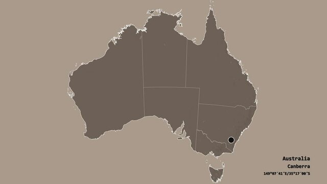 Northern Territory, territory of Australia, with its capital, localized, outlined and zoomed with informative overlays on a administrative map in the Stereographic projection. Animation 3D