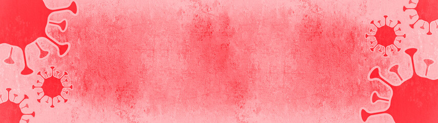 Fototapeta premium CORONAVIRUS - Red cartoon virus isolated on red white abstract bright rustic texture background banner, top view with space for text