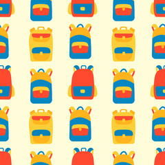 School seamless pattern. Cute doodles Backpacks . Color funny vector illustration. Background for school supplies, fabric, and other surfaces