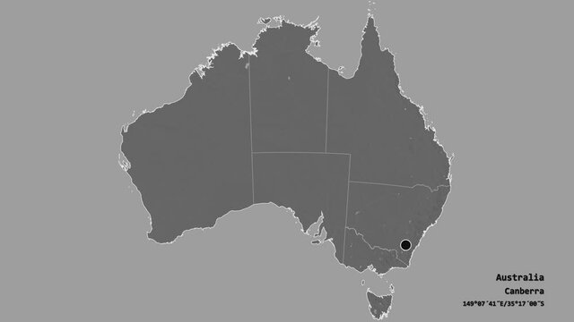 Northern Territory, territory of Australia, with its capital, localized, outlined and zoomed with informative overlays on a bilevel map in the Stereographic projection. Animation 3D