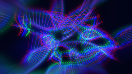CORONAVIRUS | COVID-19 zwischen DNA-Strängen | 3D Render Illustration mit chromatischer Abberation und Neon Leucht-Effekten | Hintergrund / Banner