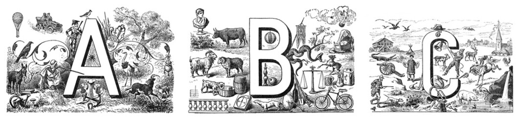English alphabet ABC with mixed illustrations animals and decoration hand drawn ABC / Antique illustration from Petit Larousse 1914