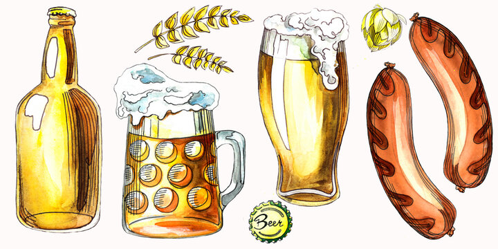 A bottle of beer, a glass of foamy beer, a beer mug, an ear of corn, hops, a beer cork. Set of watercolor illustrations for the beer festival. Oktoberfest