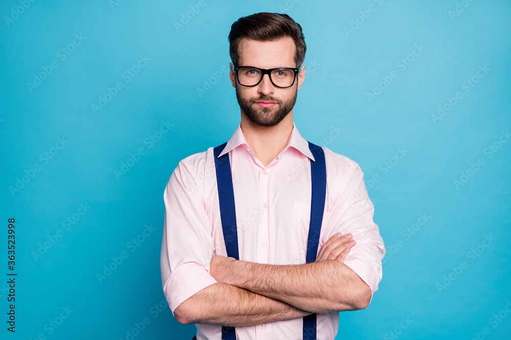 Sticker Photo of handsome macho business man cool trend clothes guy smile without teeth eyesight vision specs arms crossed wear pink shirt suspenders pants isolated pastel blue color background