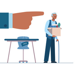 Retirement. Fired african person leaves the office with a box in his hands. Black man without work. Job loss due to crisis, robotics, economic decline. Vector, flat. Dismissed employee, unemployment