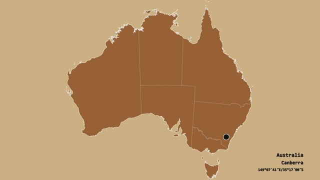 Northern Territory, territory of Australia, with its capital, localized, outlined and zoomed with informative overlays on a solid patterned map in the Stereographic projection. Animation 3D