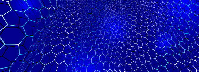 Technology vector abstract background with hexagons mesh, 3D abstraction of nanotechnology and science, electronics and digital style, wire net dimensional perspective.