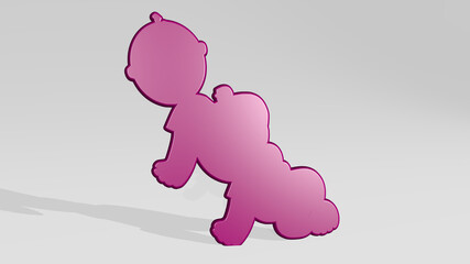 toddlers from a perspective with the shadow. A thick sculpture made of metallic materials of 3D rendering. children and kids