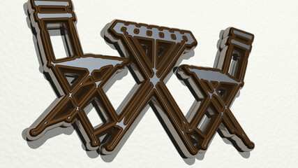 TABLE AND CHAIR made by 3D illustration of a shiny metallic sculpture on a wall with light background. wooden and white